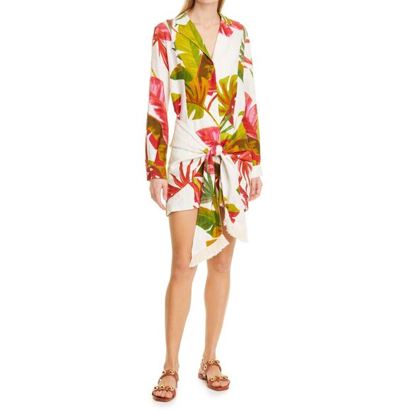 Farm Rio Spring Forest Long Sleeve Linen Blend Tie Waist Mini Dress Size Small - Picture 1 of 5